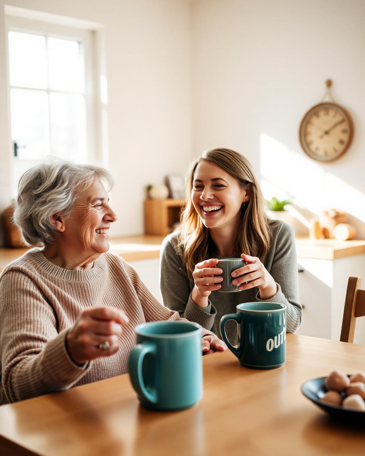 An older woman and a younger woman sharing coffee at a sunlit kitchen table